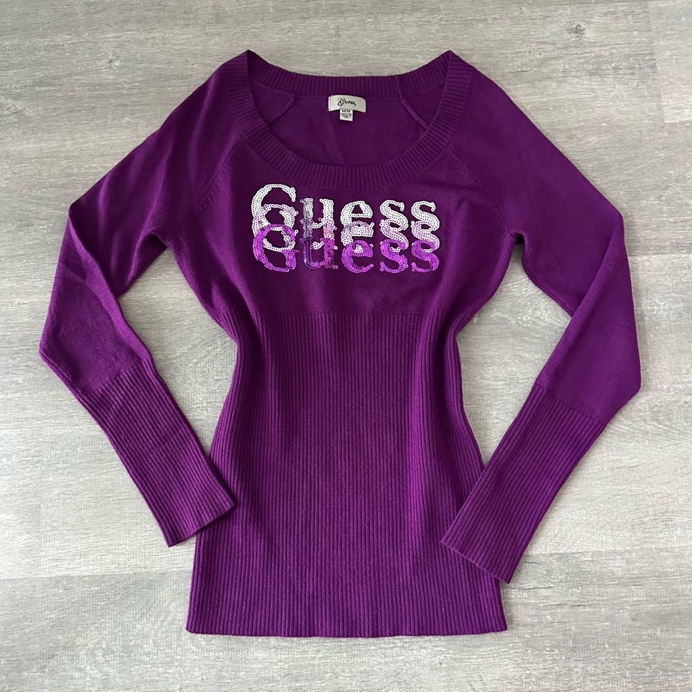 2000s Guess Purple sweater with sequins logo Y2K
